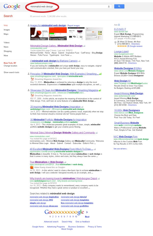 Google Search Results Page: minimalist web design